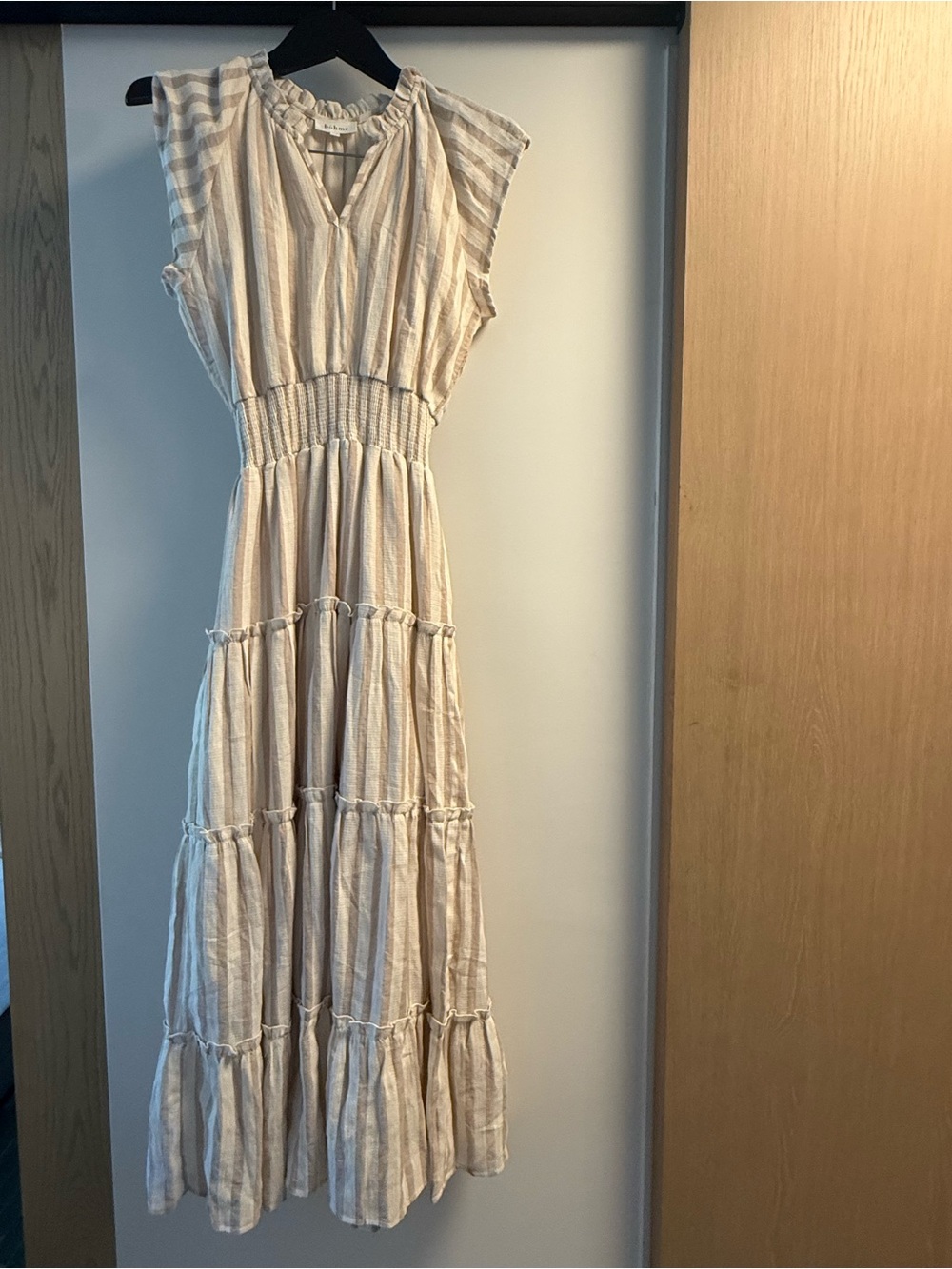 Bohme Claire Striped Maxi Dress in Taupe with Cap Sleeves Cotton Blend Size XS - Picture 2 of 11